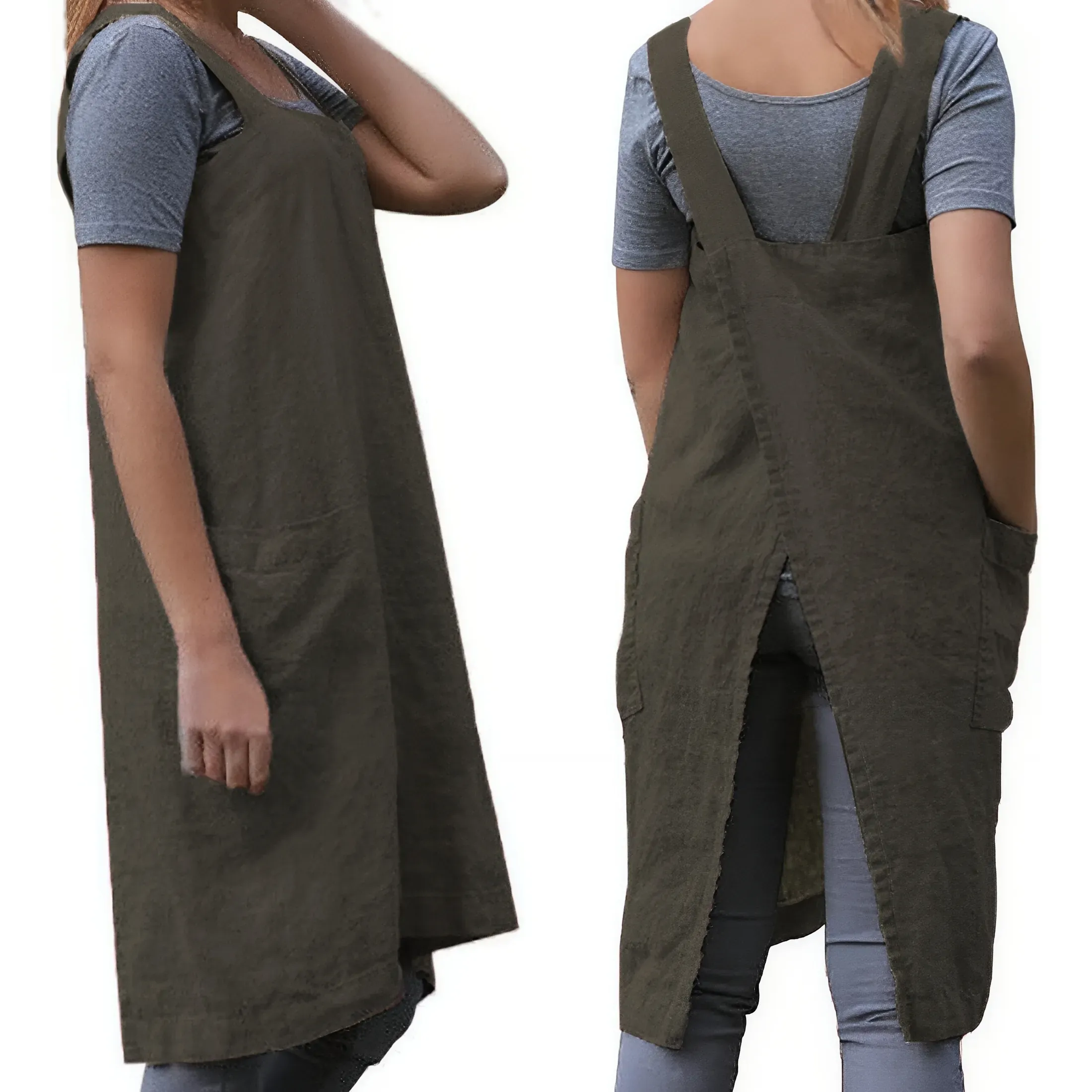 Cross-Back Gardening Apron with Pockets - Army Green, L (3-Pack)